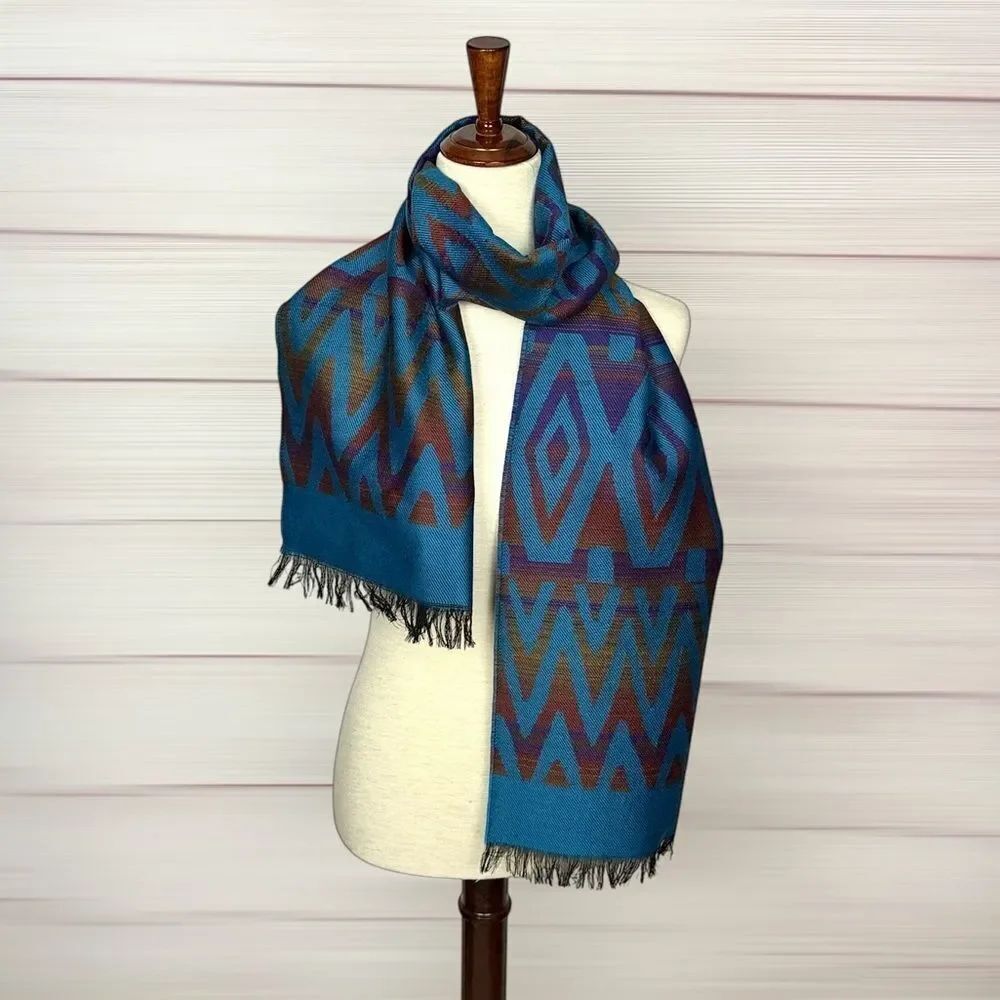 Vintage Wool Scarf Blue Geometric Print Men's Women's
